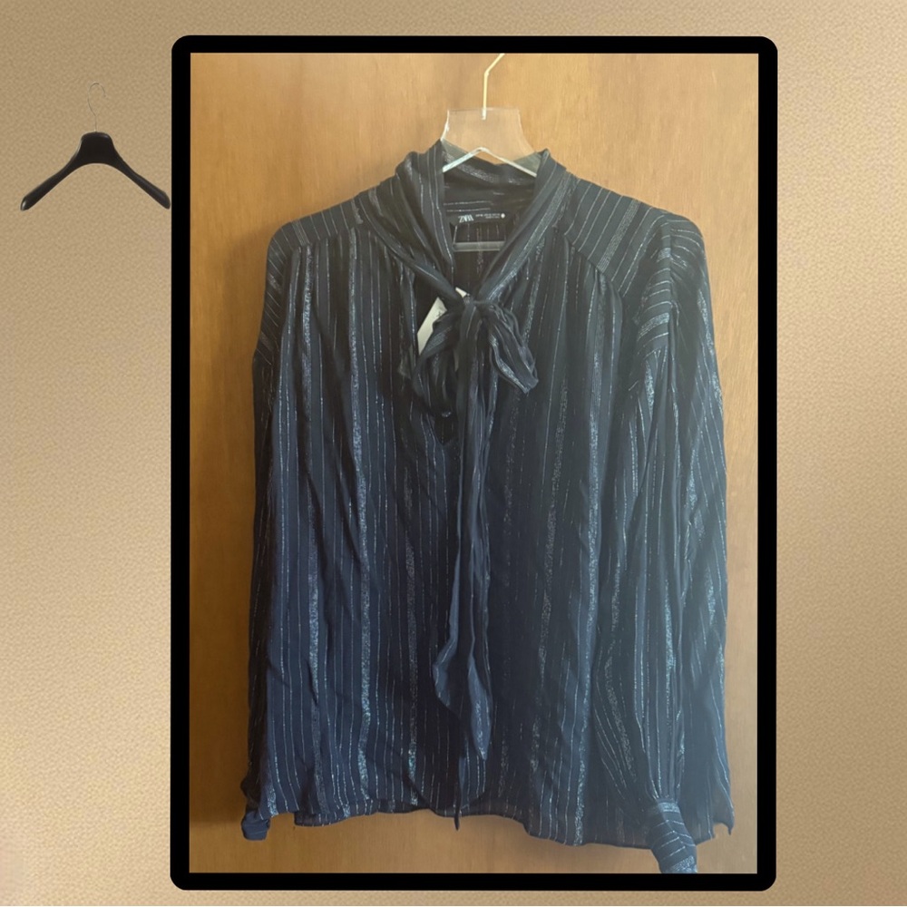 Zara tie neck black and silver stripe blouse. Size XL. New with tags